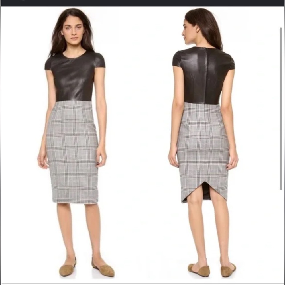 Jenni Kayne contrast Black Faux-Leather Top Gray Plaid Midi Dress